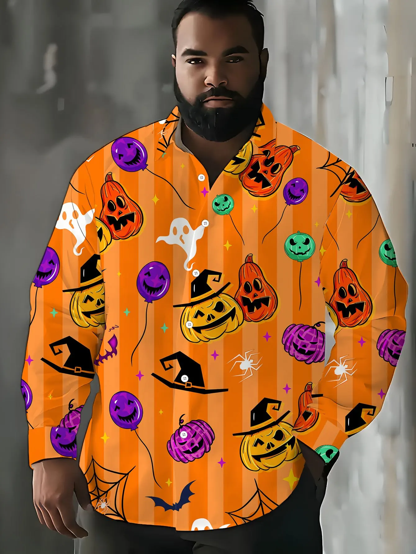 Men Long Sleeve Shirt Halloween Pumpkin Ghost Spider Print Autumn Fashion Casual Holiday Party Wear Button Down Top Mens Clothes