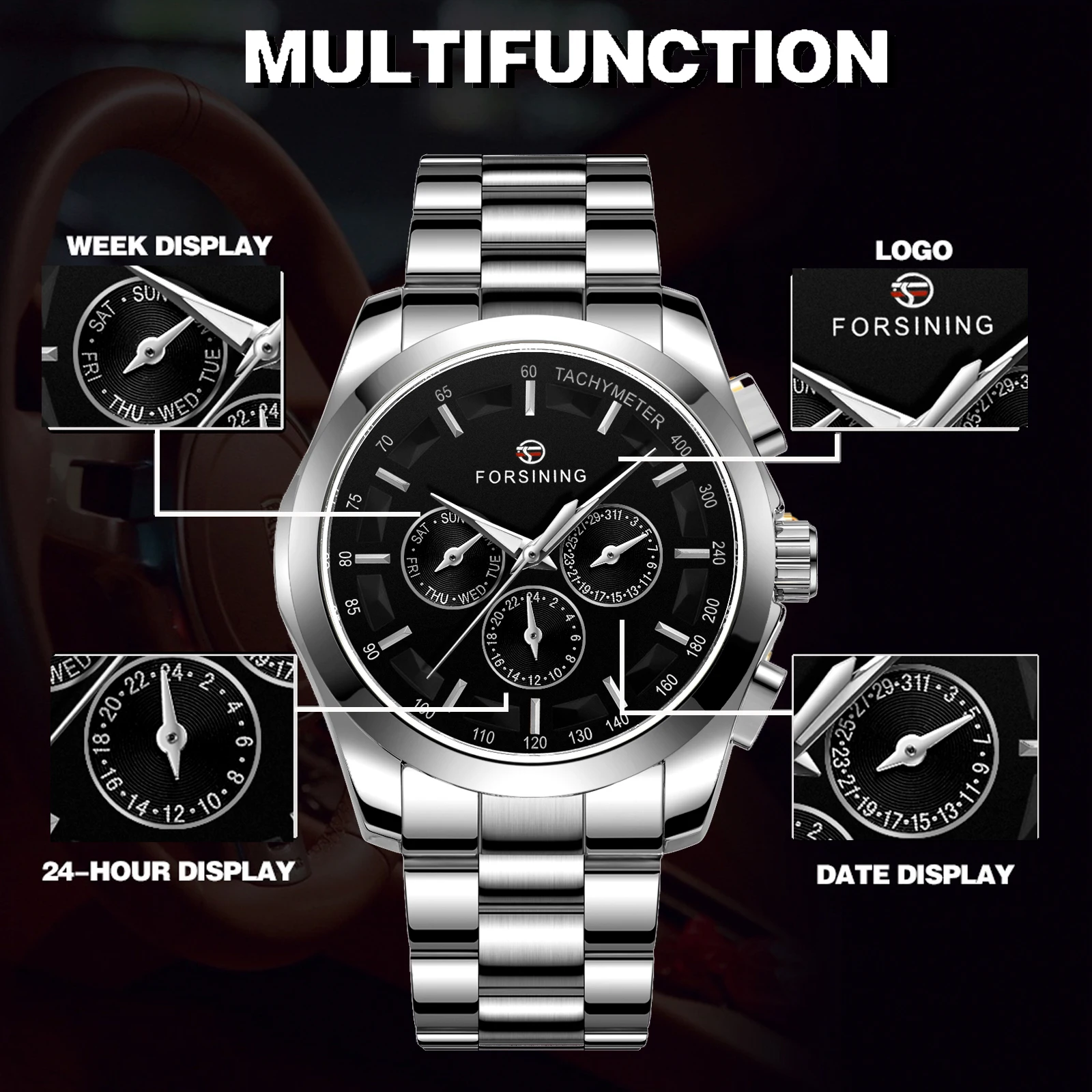 Forsining Sports Mens Watch Multifunction Automatic Mechanical Watches Luminous Hands Stainless Steel Band Military Wristwatch