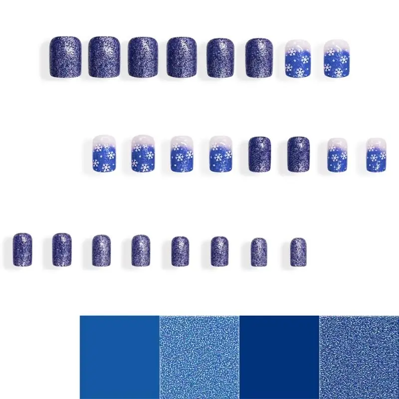 652C 24pcs French Tip Short Square Press On Nail Blue Glittering Snowflake Designs Stick on Nail For Christmas And New Year