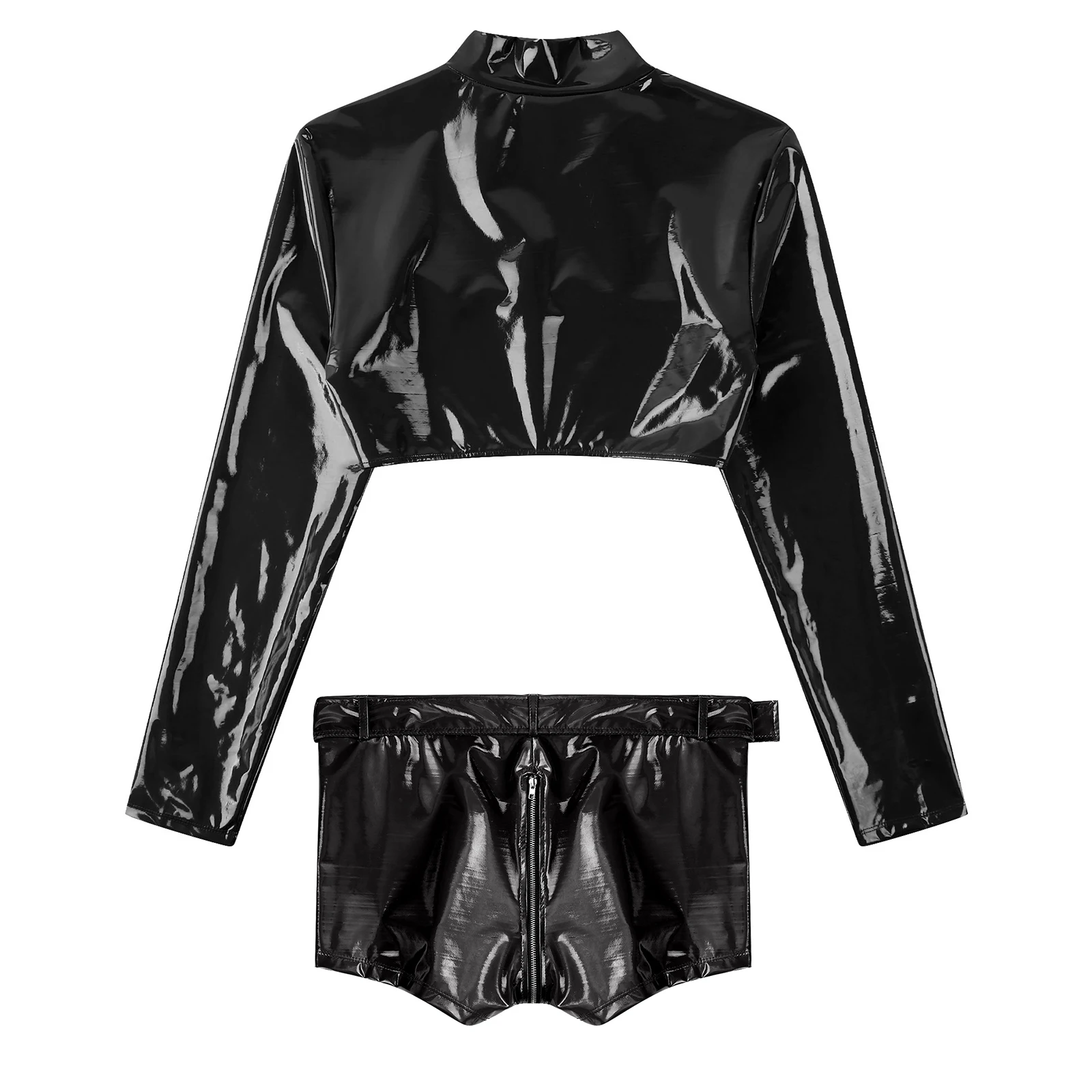 Mens Glossy Patent Leather Suit Front Zipper Crop Top And Zipper Crotch Boxer Shorts with Waist Belt Clubwear Nightwear