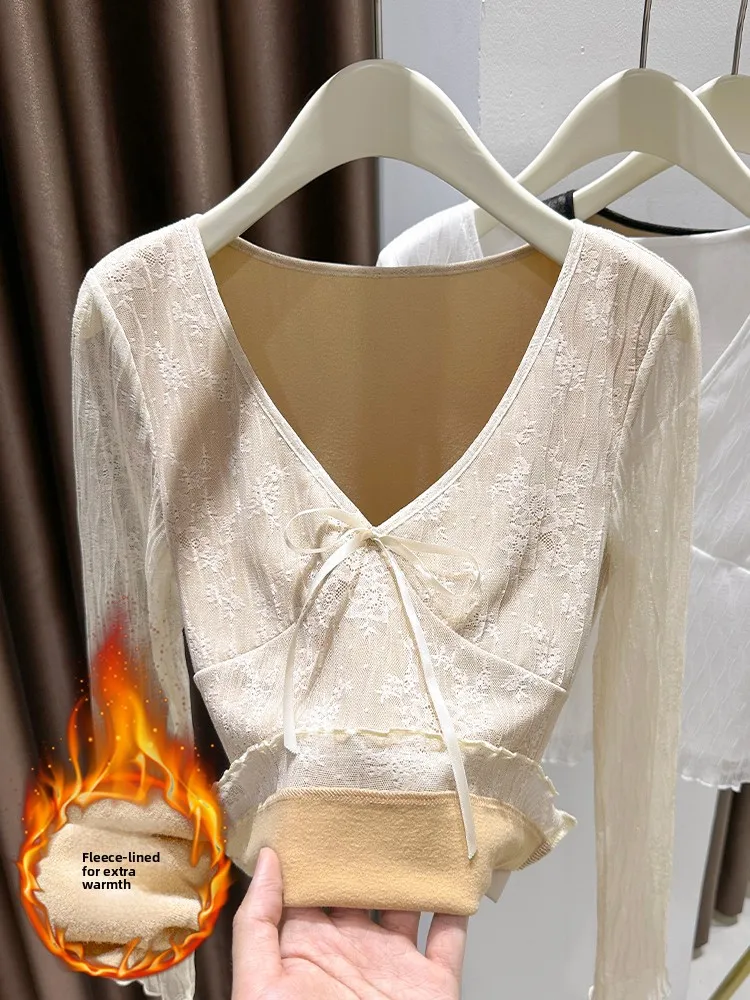 

Ele Thiened Fce Lined Embroidered Lace Base irt Women's Spring V-ne Warm Inner Wear ort Length ...