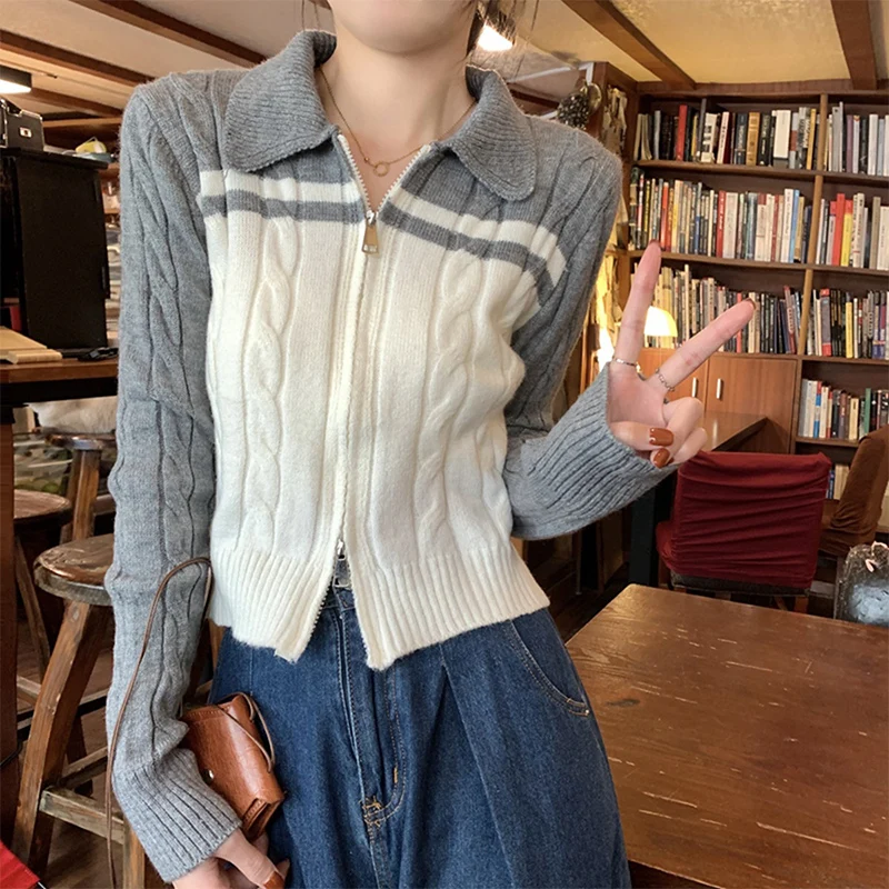 

Double Zippers Vintage Long Sleeve Sweater Jacket Women Patchwork Design Versatile Knitted Cardigan Classic Twist Lapel Cardigan