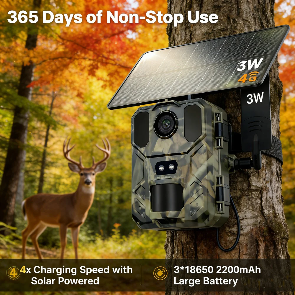 4G Solar Powered Wildlife Camera Built-in SIM Card 30MP 2K Night Vision Trail Camera with Phone APP 120 Detection Angle Motion S