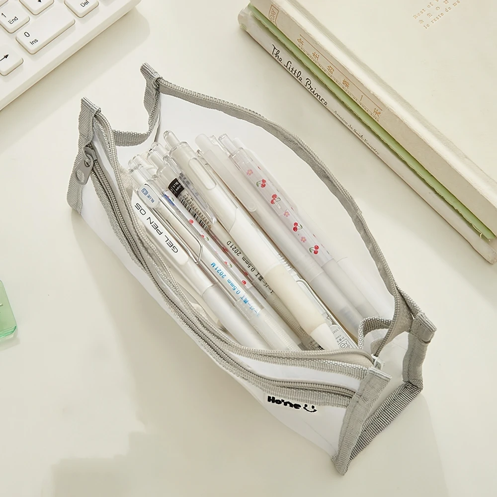 Transparent Mesh Pencil Bag Pen Case Double Layer Gauze Storage Pouch for Stationery Office School A7453