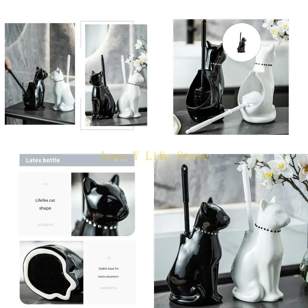 

L74C Toilet Brush Ceramic Cats Holder Bathroom Toilet Bowl Brush Toilet Cleaning Tool
