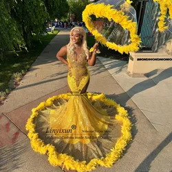 Sexy yellow Feathers Long Prom Dresses 2024 For Black Girls Sparkly Sequins Rhinestones Mermaid Evening Gown Vestido De Gala