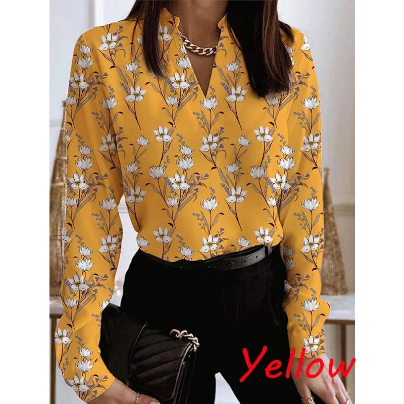 Women\'s Fashion Sexy V Neck Long Sleeve T Shirt Floral Print Shirt Casual Lapel Shirt Ladies Pullover Spring Autumn Loose Top