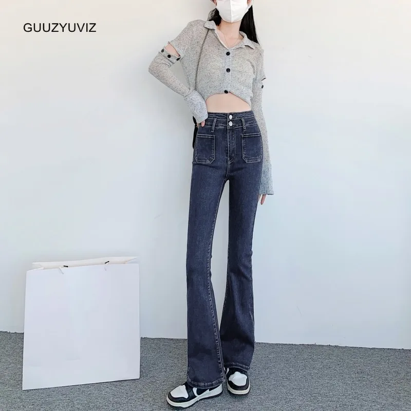 

GUUZYUVIZ Stretch Flare Jeans Woman Pocket Double Button High Waist Elastic Bell-bottoms Pants Vintage Casual