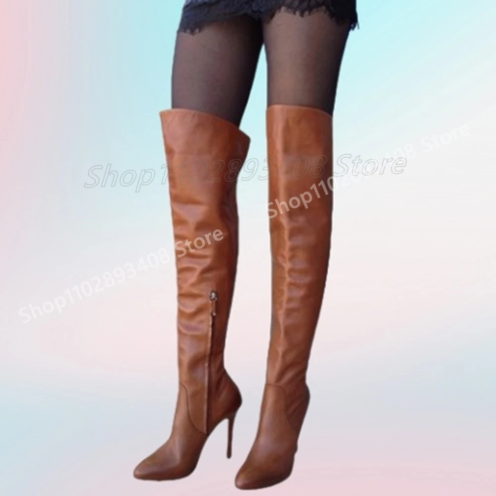 Brown Matte Leather Concise Over the Knee Boots Side Zipper Stiletto High Heel Fashion Sexy Women Shoes 2025 Autumn Para Mujere