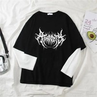 Loose Long Sleeve Crew Neck T-Shirt Women's Summer New Style Dark Print One-Piece Fake Two-Piece Top Polyester Casual Tee