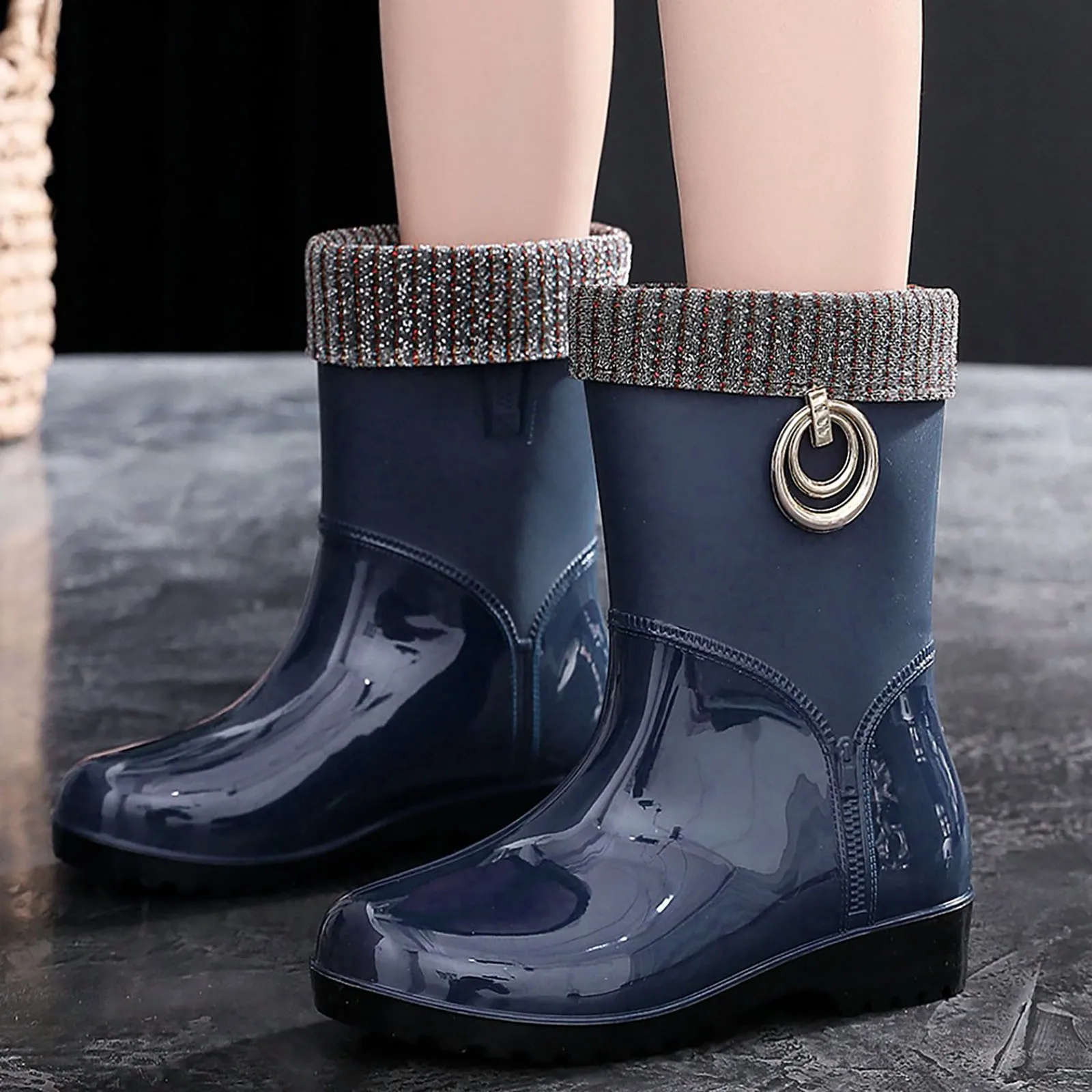 Rubber Rain Boots for Women Waterproof High Heel Fashion Girls Shoes Ladies Short Ankle PVC Rainboots Non-slip Fur Leather Boots