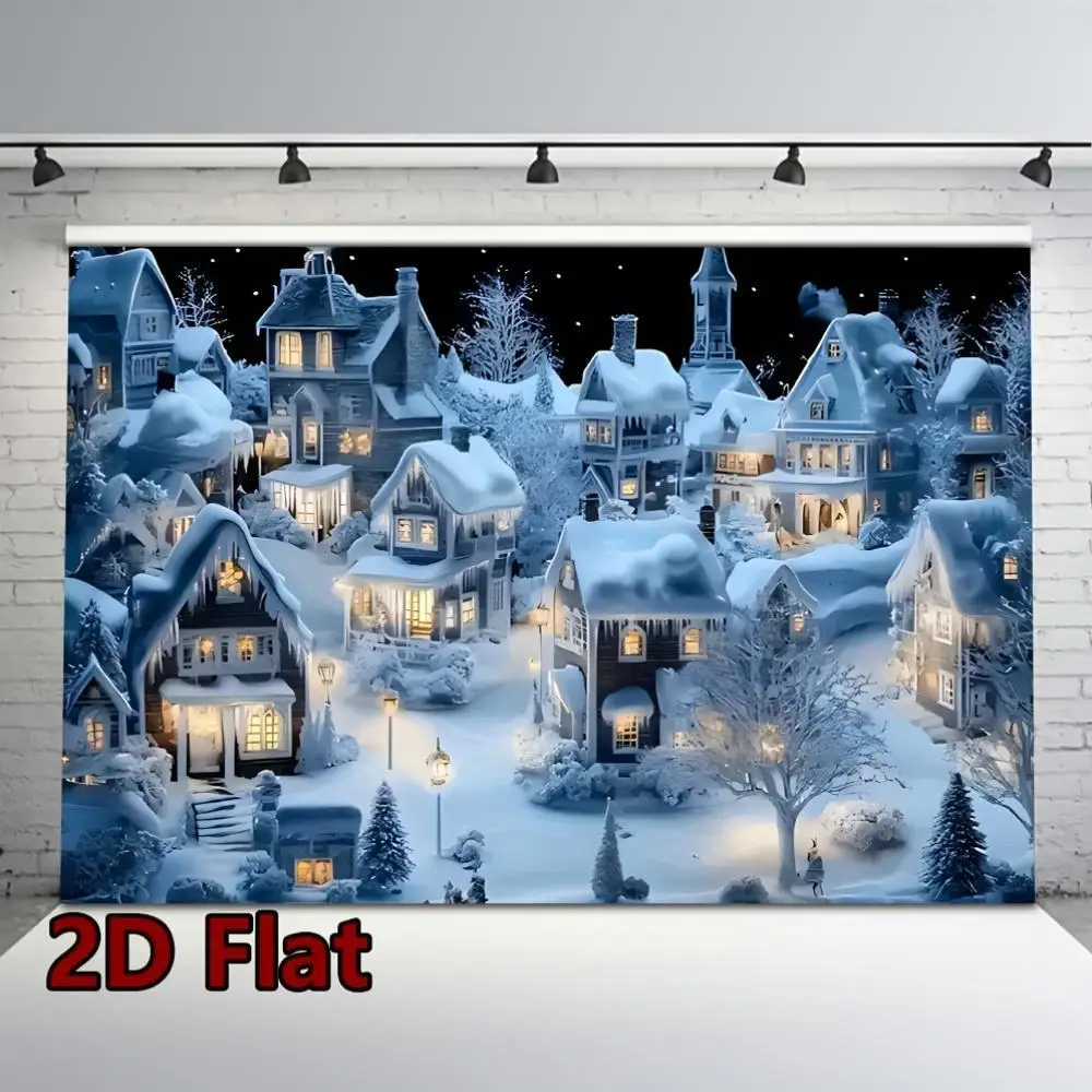 2D Flat, 1pc Snowy Winter Village Christmas Banner - Horizontal 2D Flat Christmas Town Scene with Houses & Lanterns, Durable Ind