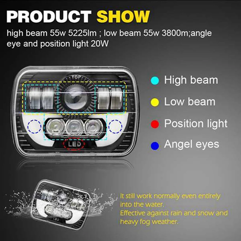 2Pcs 7 Inch Square Daytime Running Light Car Motorcycle Front Headlight DRL High Low Beam Flood Spotlights