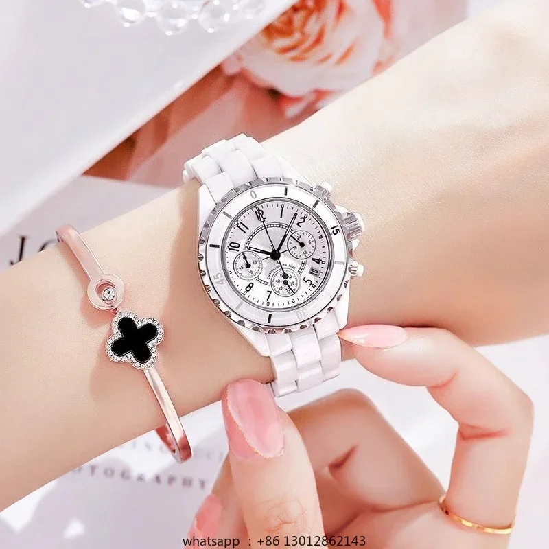 

2023 New White Ceramic Sports Chronograph Ladies Watch Water Ghost Waterproof Luxury Quartz Women's Watch Korean Edition