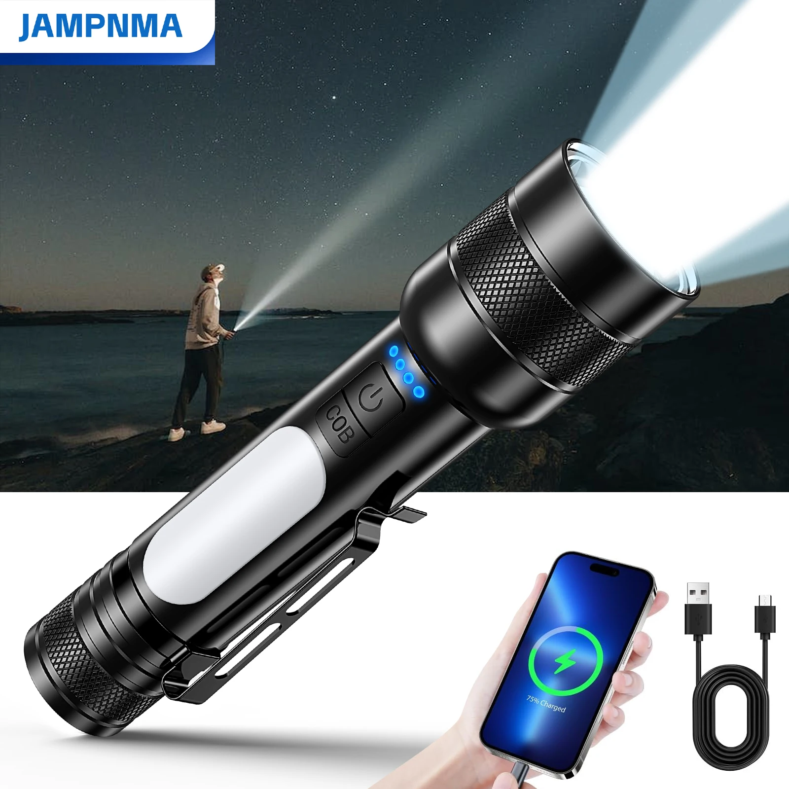 

Светодиодные фонарики с зажимом, перезаряжаемые 6 режимов с высоким люменом и боковым фонарем COB, красные, синие, мигающие для экстренного кемпинга