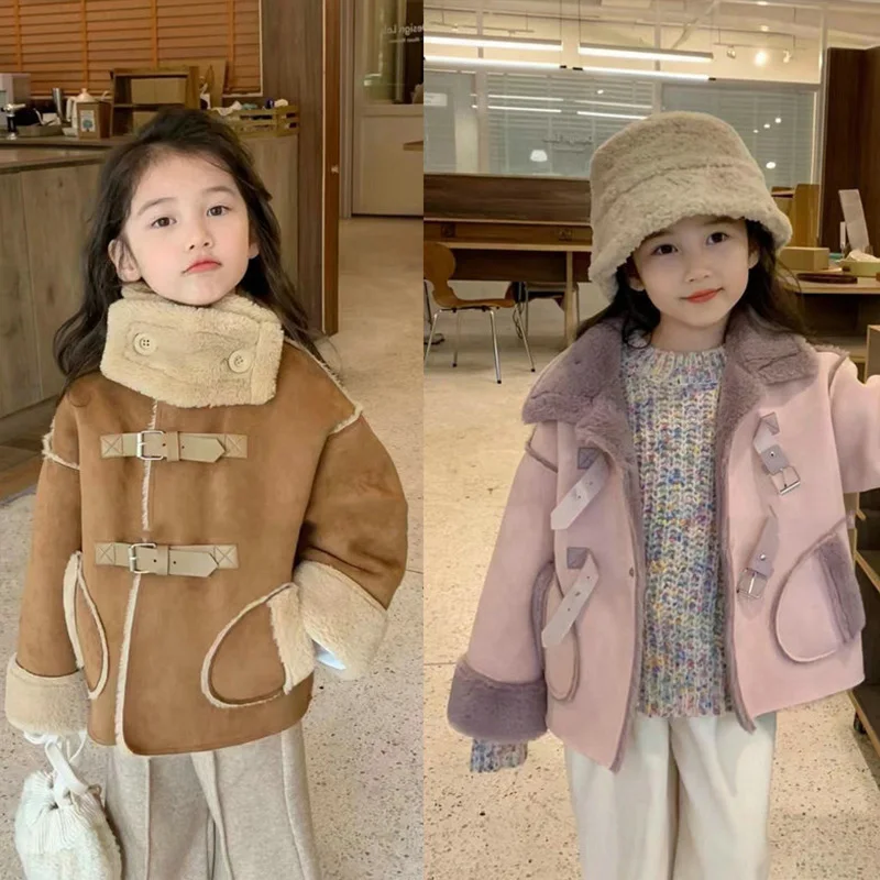 

2-6Y Girls Coat Deer Skin Velvet Composite Rabbit Hair Super Soft Warm Coat Children Fleece Warm Casual Jacket