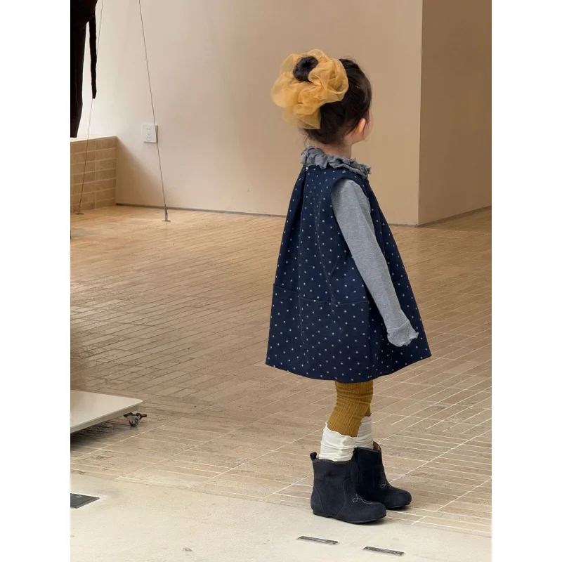 

2025Autumn New Children's Clothing Children's Clothing Girls' Polka Dot Thin Woolen Skirt Autumn Style Tank Dress Children shirt