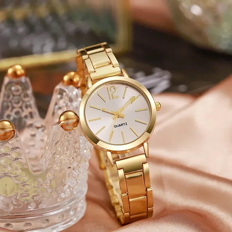 Reloj de lujo con esfera redonda Simple para Mujer, pulsera de oro inoxidable, Reloj de pulsera de cuarzo para estudiantes, relojes para Mujer