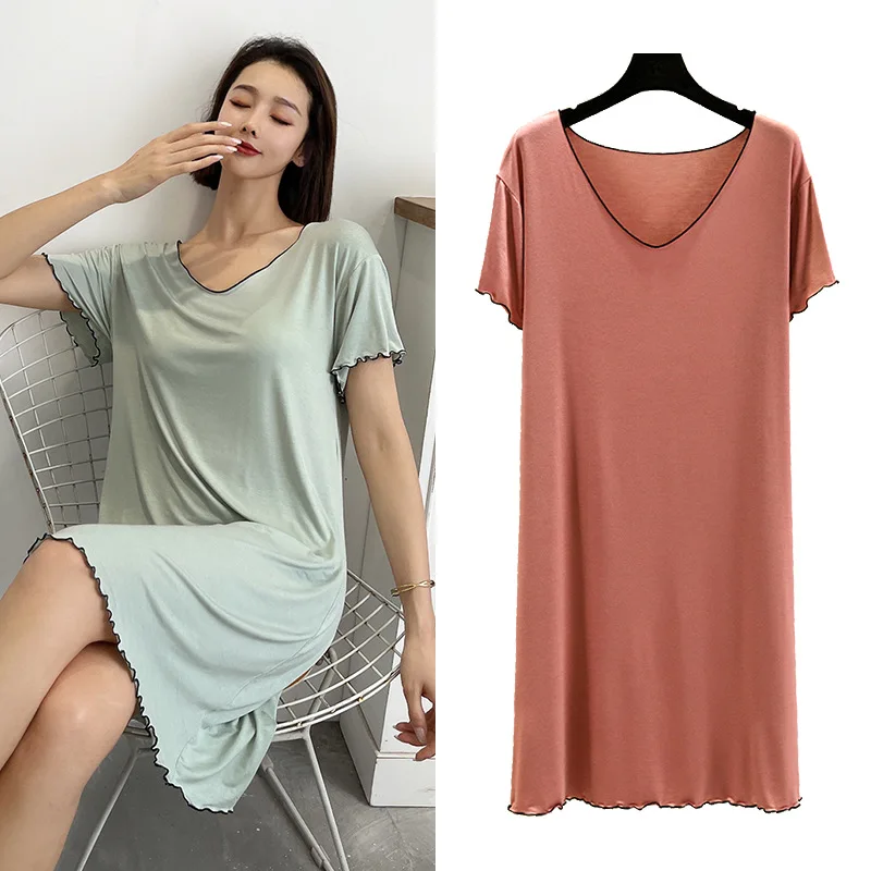 

Одежда для сна из модала с коротким рукавом, Женская домашняя одежда, юбка с V-образным вырезом, тонкая ночная рубашка, женская летняя одежда для сна, свободная ночная рубашка