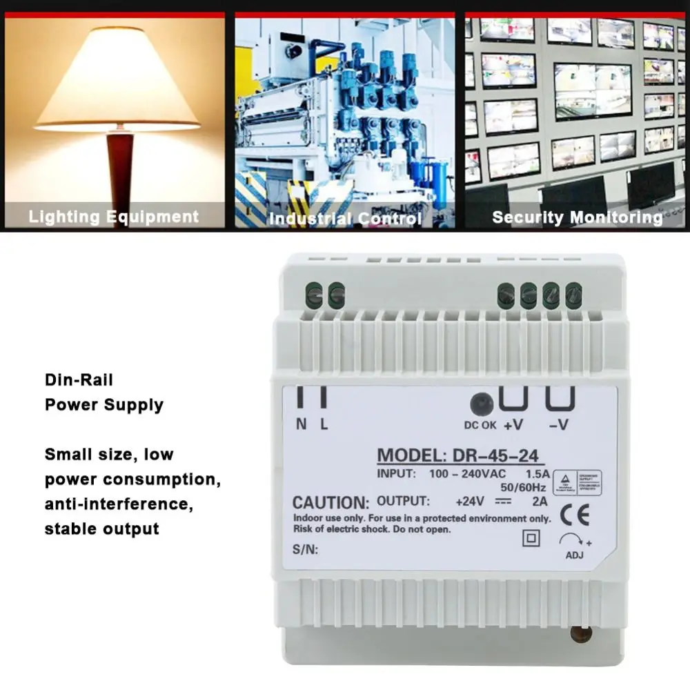 DR-45-24 AC/DC Switching Power Supply 45W 24V 1.5A 100-240VAC Din Rail Power Supply Efficient Compact AC-DC Converter