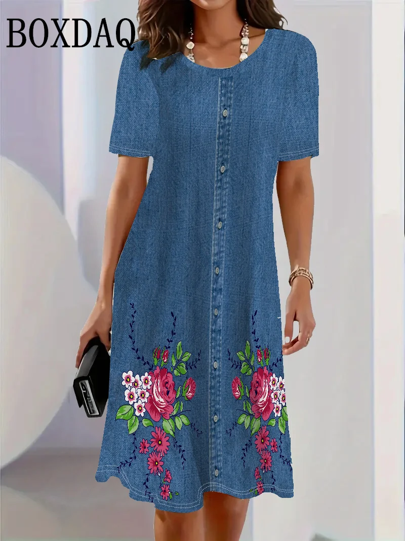 2025 패션 트렌드 3D 이미테이션 데님 패턴 여성 드레스 여름 스트릿 반팔 O넥 루즈 캐주얼 플라워 프린트 드레스
