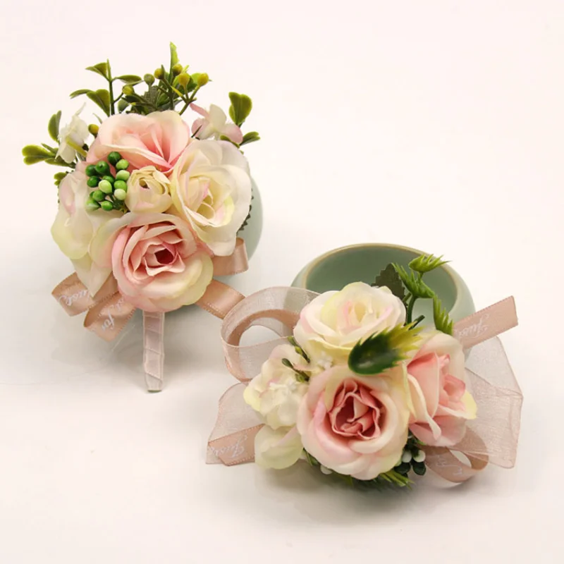 Man แต่งงาน Boutonniere กุหลาบ Corsage กำไลข้อมือแฟชั่นดอกไม้พยาน Buttonhole ชุด Broche Mariage Decor