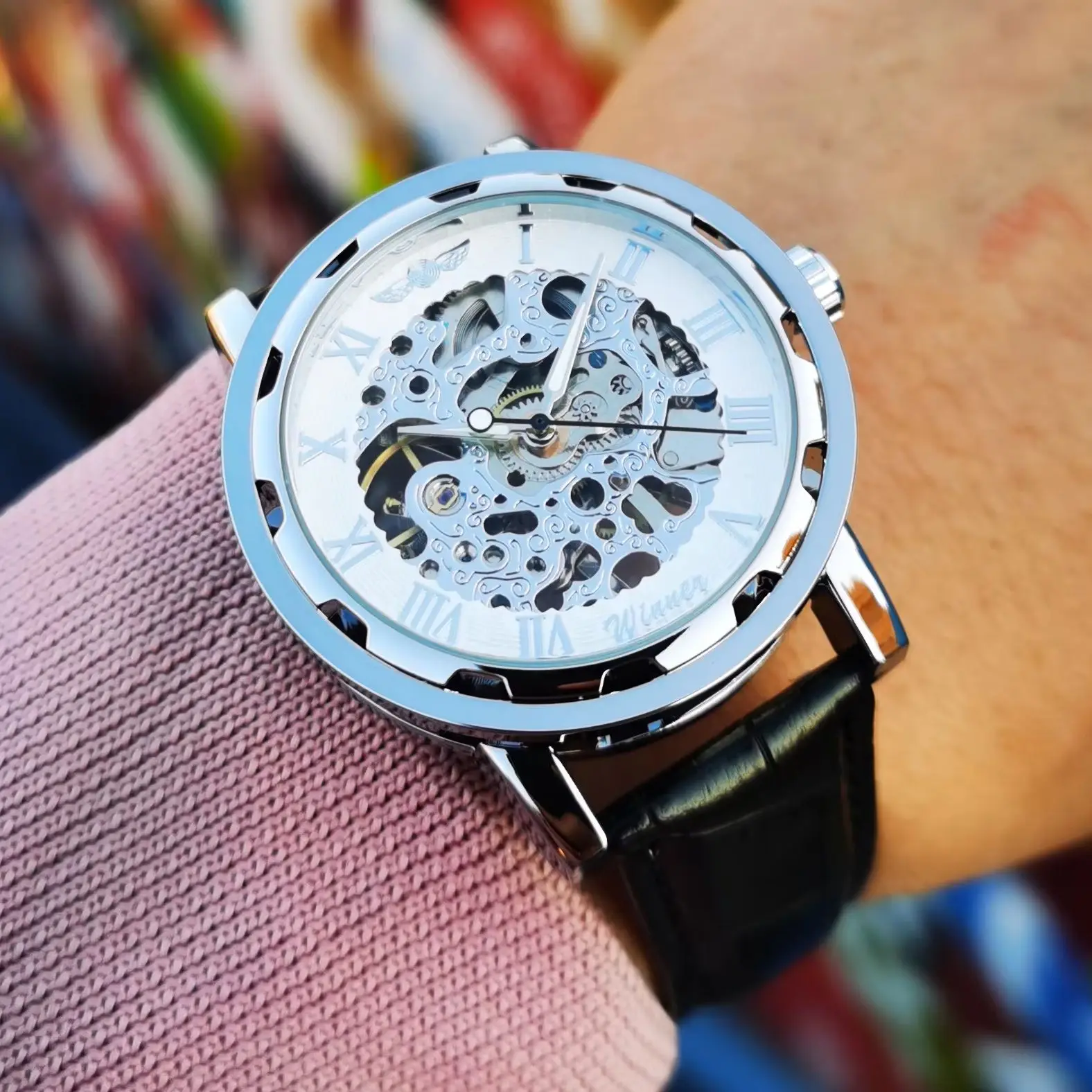 WINNER Business Mens Mechanical Wristwatches Luminous Hands Classic Hand Winding Skeleton Watch for Men Leather Strap Watches