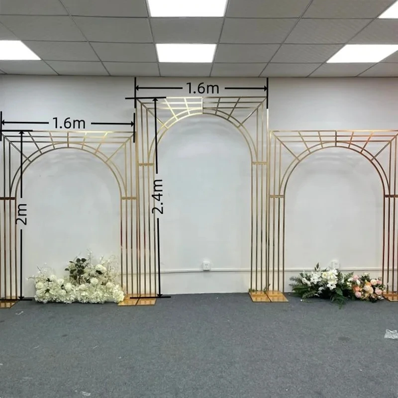 3 Stücke Hochzeitsbogen mit glänzender Goldlinie, mehrstöckiger Hintergrundrahmen, Hochzeitsblumenrahmen, Schleier-Stützrahmen – Detail 1