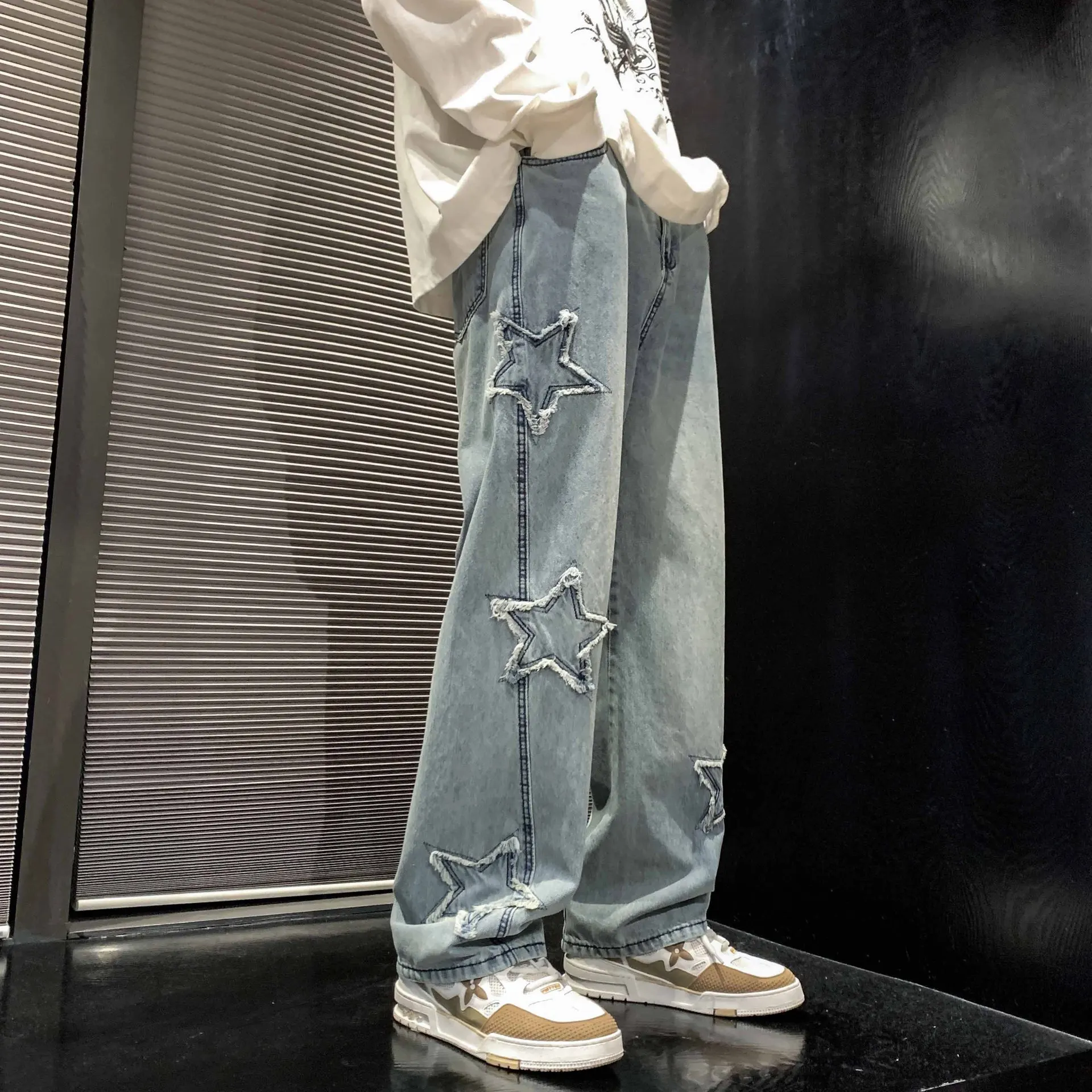 Men Retro Straight Wide Leg Jeans American High Street Pentagram Printed Pants Loose Fit Teen Trendy Casual Daily pants for man