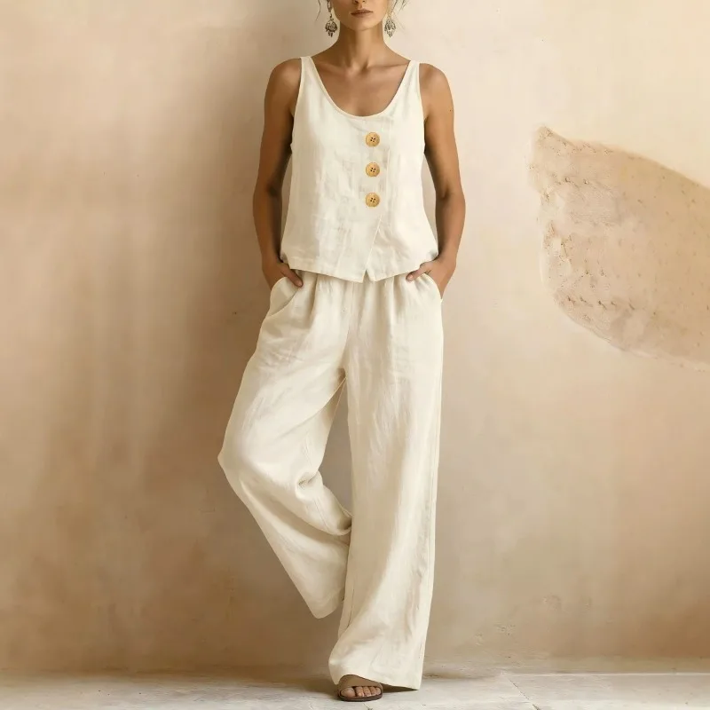 European and American Cross-border New Women's Sleeveless Vest, Wide Leg Pants, Cotton and Linen Two-piece Set, Women's Clothing