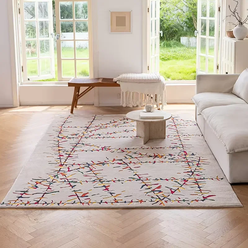 Handmade Bohemian Abstract Beige Multicolor Carpet Loop Pile Technique Modern Living Room Branch-Like Geometric Lines Rug