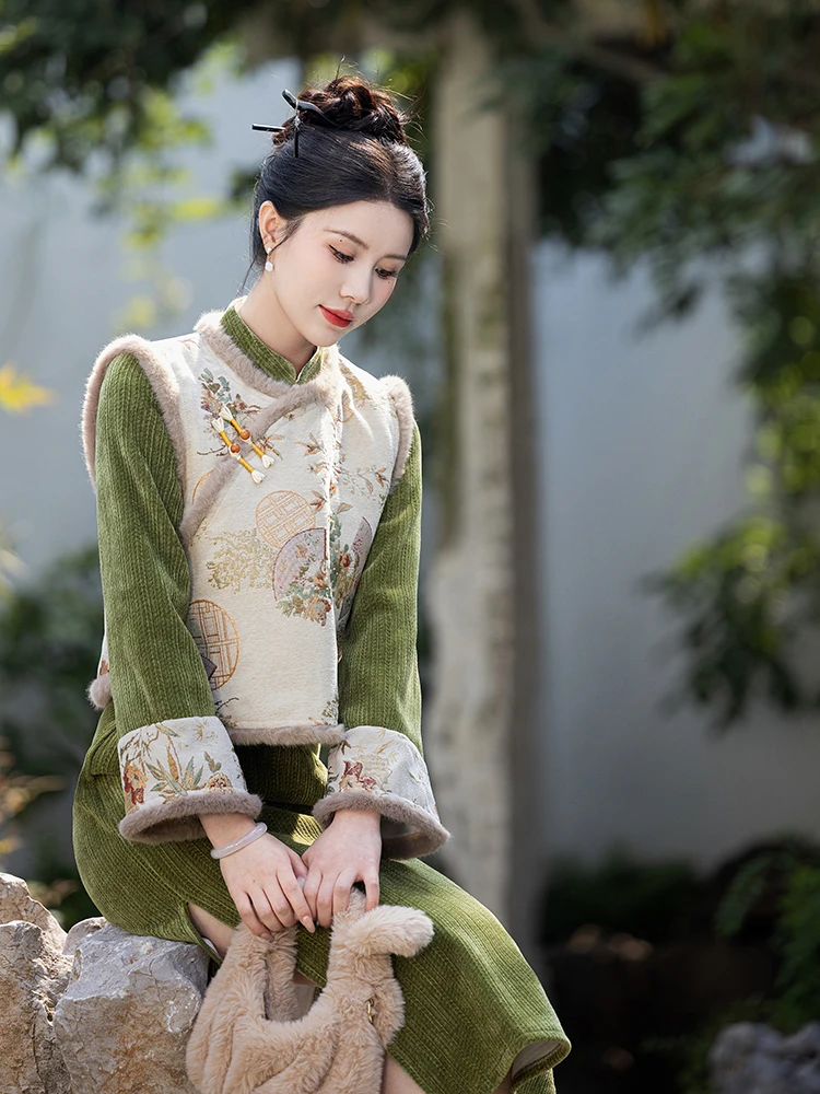 

Утепленное флисовое платье-ципао с длинным рукавом в новом китайском стиле, зимняя модная женская одежда для повседневной носки