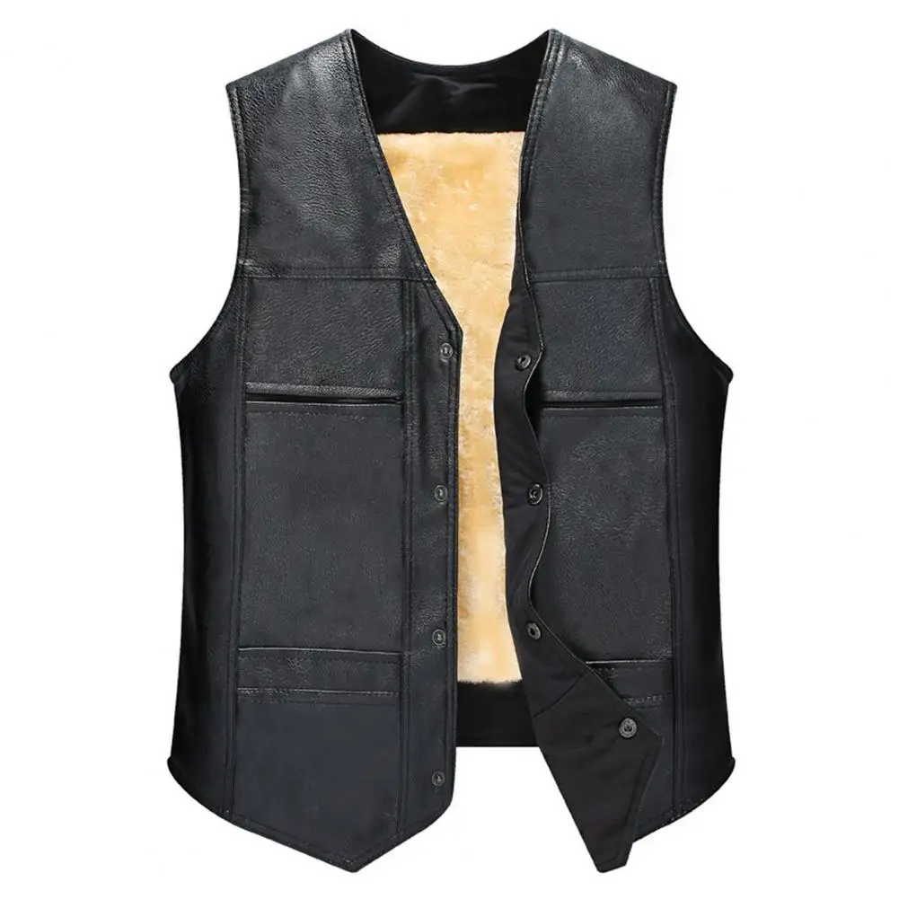 Faux Leather Men Vest V Neck Sleeveless Pu Leather Windproof Warm Motorcycle Waistcoat Multi Pockets Plush Linning Winter Vest