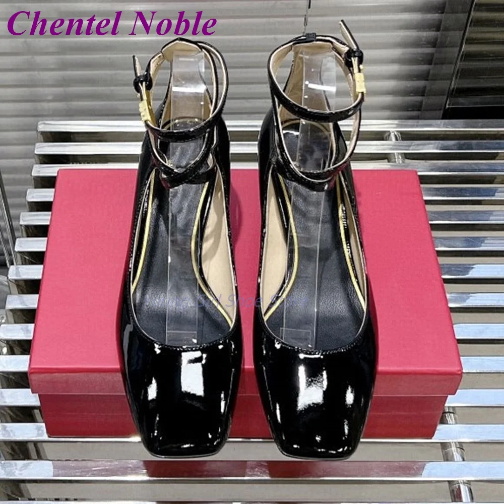 Glossy Leather Square Toe sandals Crossover Buckle Strap Women Shoes 2023 New Arrival Shoes Middle Heel Dress Black Fashion