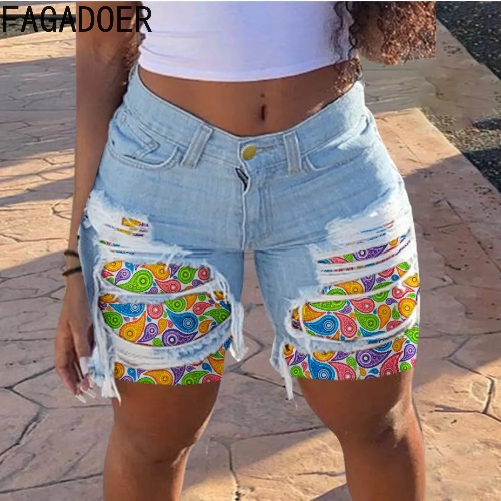 FAGADOER Fashion Retro Printing Skinny Denim Shorts Women High Waist Button Hole Jean Summer New Female Cowboy Matching Bottoms