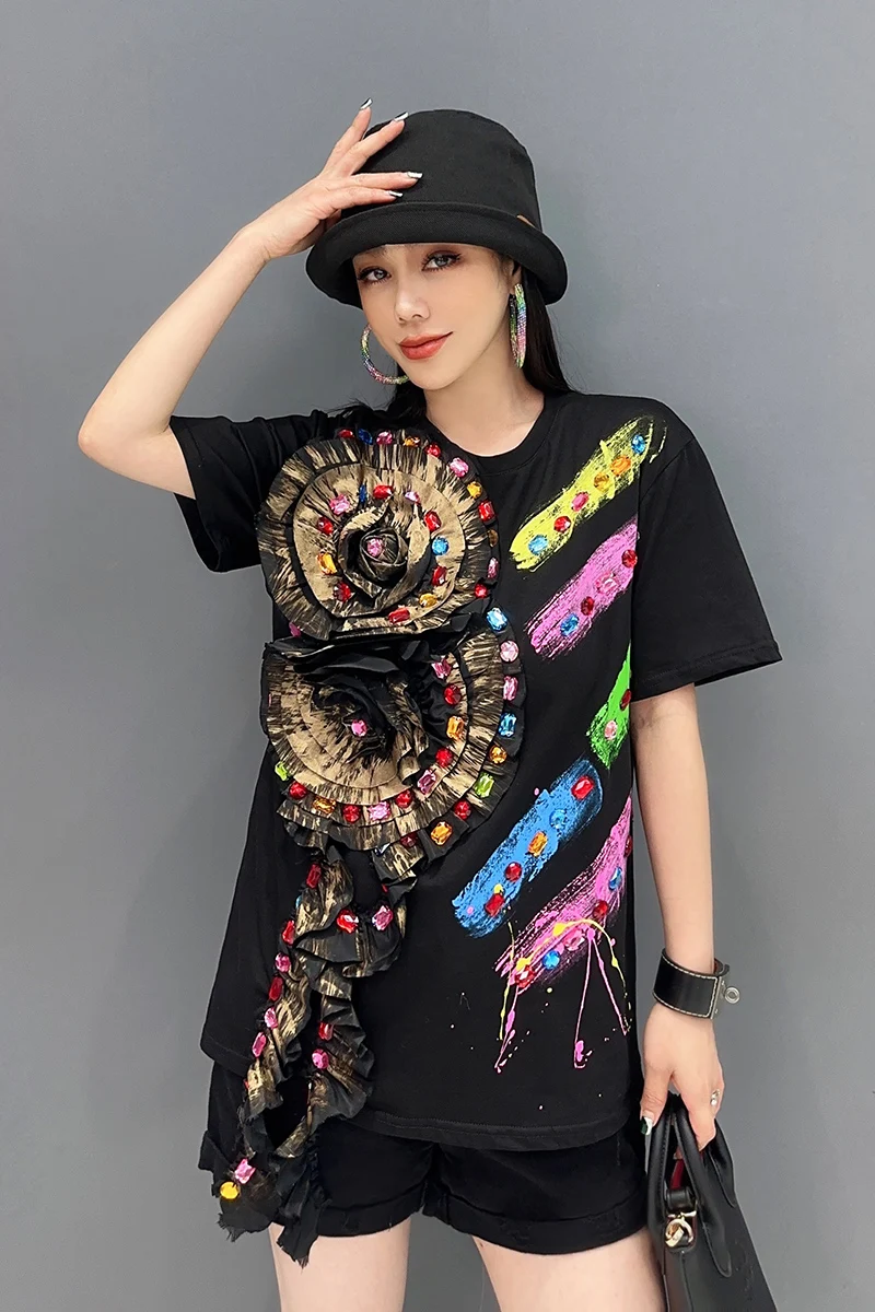 Summer 2024 Women's New T-shirt Three-Dimensional Flower Ribbon Diamond-Embedded Short Sleeve Tops Casual Gorgeous Loose T-shirt