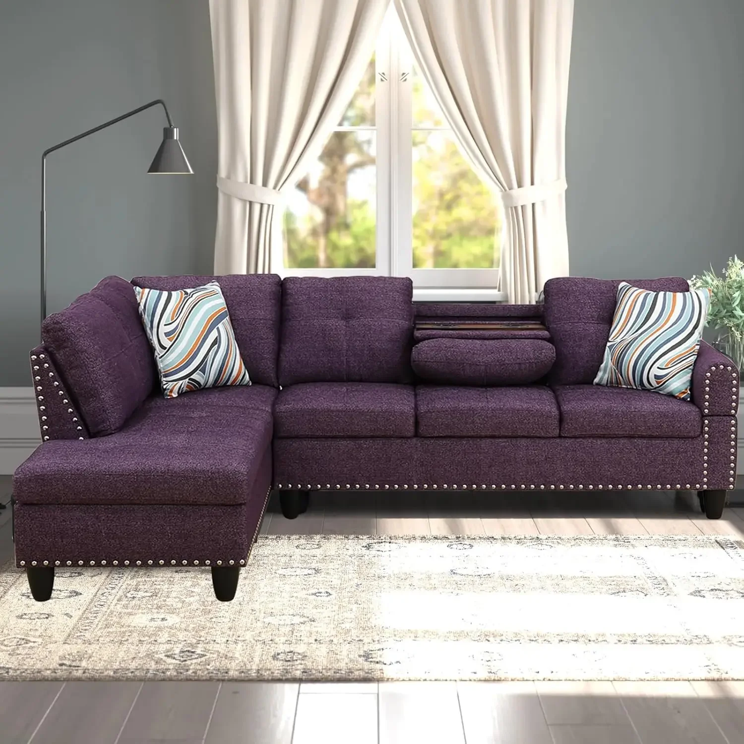 Fabric Sectional Sofa Couch Set for Living Room Set, L-Shape Sofa Sectional Couch with Storage Ottoman&Cup Holders