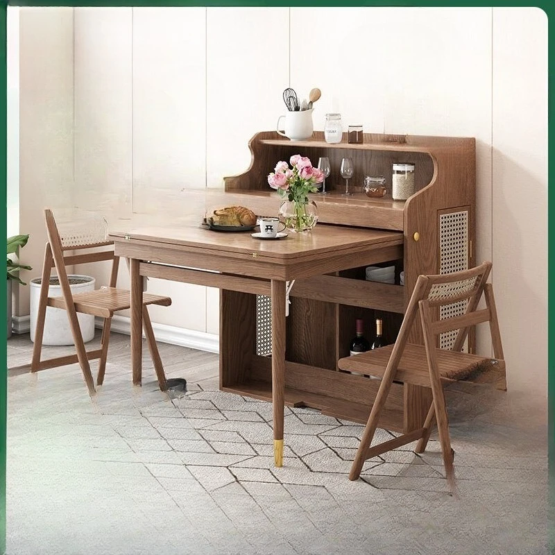 Walnut dining table folding telescopic household small apartment dining table invisible storage side cabinet multi-functional