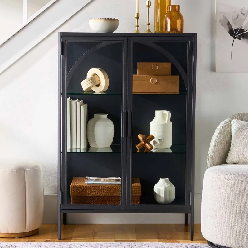 Nola Accent Cabinet, Black Finish， furniture ， storage cabinet ， glass cabinet