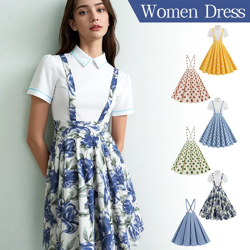 

Women Elegant Palace Polka Dot Dresses Preppy Style Temperament Big Swing Skirt 50S 60S Retro Party Rockabilly Strap Dress