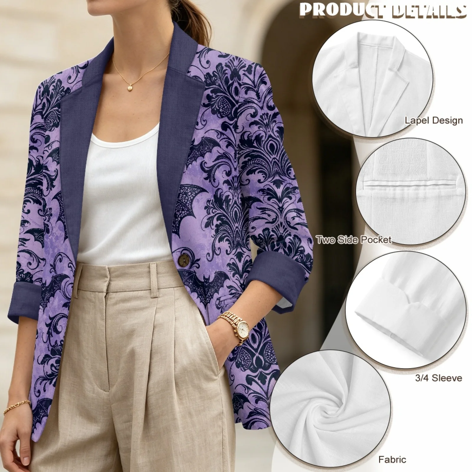 PENSTROLL Halloween Women's Linen Like Blazer with Bat Damask Pattern, Open Front Outerwear for Work and Vacation, Sizes S-3XL view 5