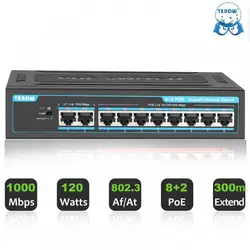 TEROW Gigabit POE Switch 10 Portas Ethernet Switcher 1000Mbps 8 PoE + 2 Uplinks IEEE802.3af/at 120W Built-in Power para Câmera IP