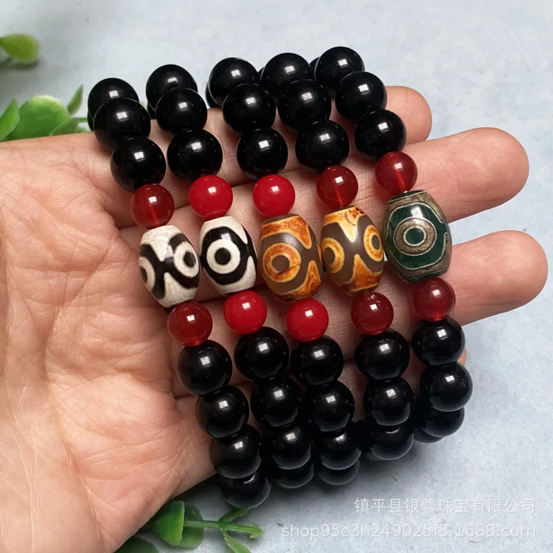 Red Agate Tibetan Dzi Bead for Men Women, Three- and Nine-Eyed Barrel Beads, Vintage Single-Loop Bracelet Gift