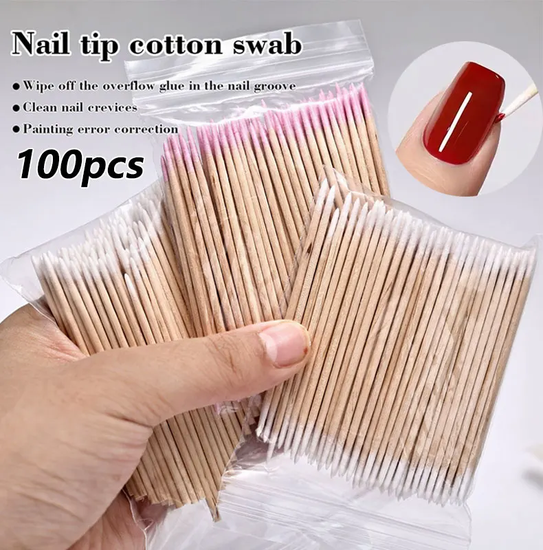 100 pièces ongles bois écouvillon propre bâtons bourgeon pointe en bois coton tête manucure détail correcteur dissolvant de vernis à ongles outil d'art des ongles