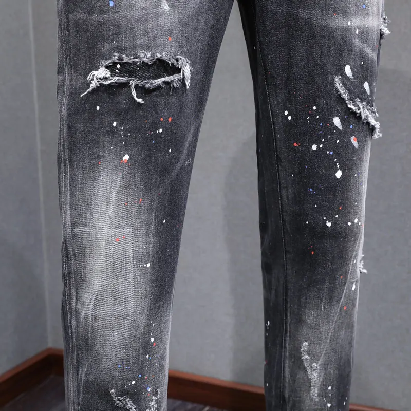 DesignerY2K High Street Fashionable Men's Black Grey Jeans Retro Elastic Slimming Ripple Jeans Men's Painted Hip Hop Brand Pants