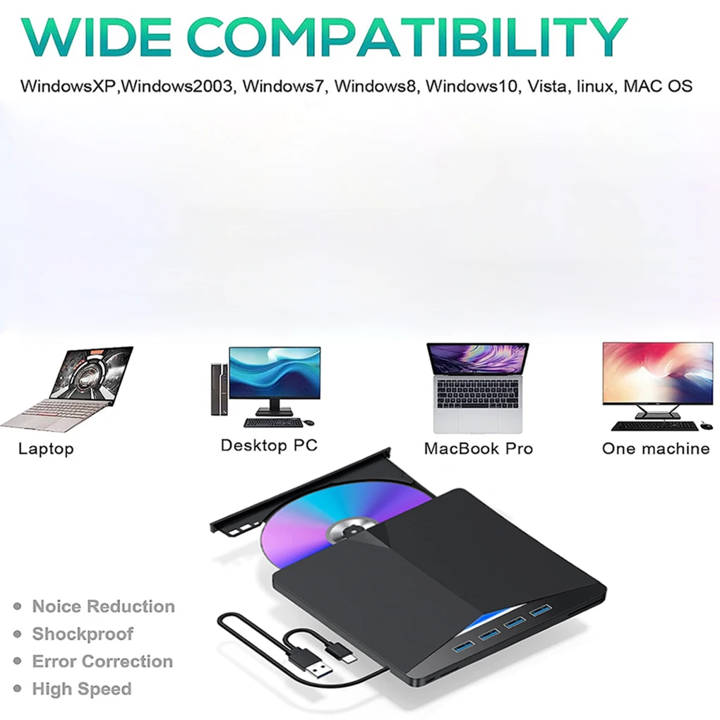 محرك أقراص محمول خارجي 3 في 1 متعدد الوظائف USB3.0 TYPE CD DVD Burner، بطاقة SD، مشغل قرص U سرعة القراءة CD Rom 24X CD-RW #5