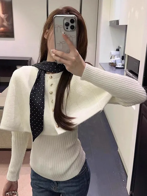 الكورية Sle Cisas موضوع الأحمر عباءة سترة مجموعة المرأة الخريف الشتاء كسول الراقية محبوك بلوزات ومجموعة بوت #2