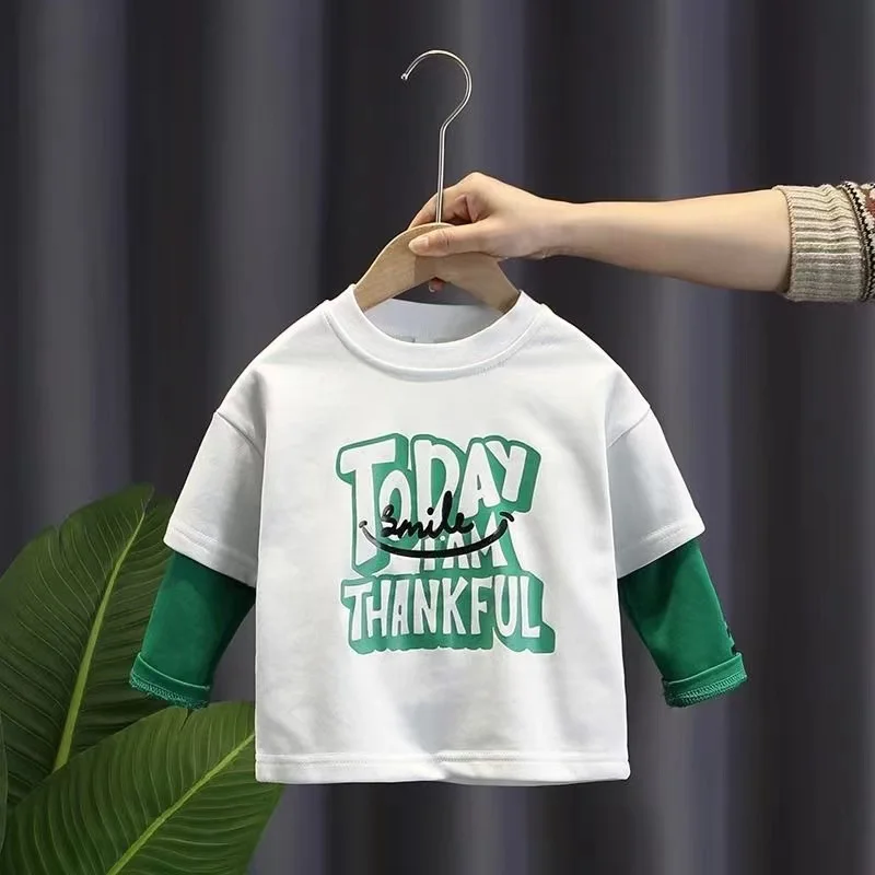 

Kids Boys Long Sleeve T-shirt Children's Sweater Spring And Autumn 2024 New Children's Wear Baby Handsome Fake Two Piece Top