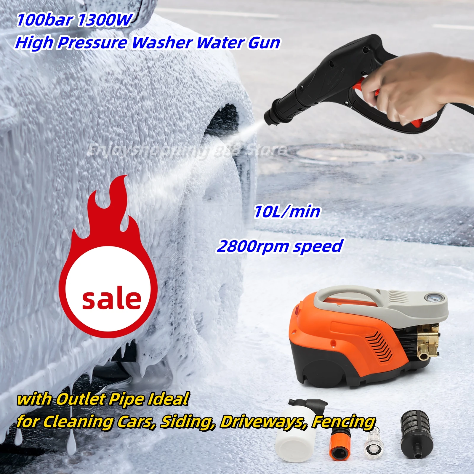 100bar 1300W High Pressure Washer Water Gun  with Outlet Pipe Ideal for Cleaning Cars, Siding, Driveways, Fencing et