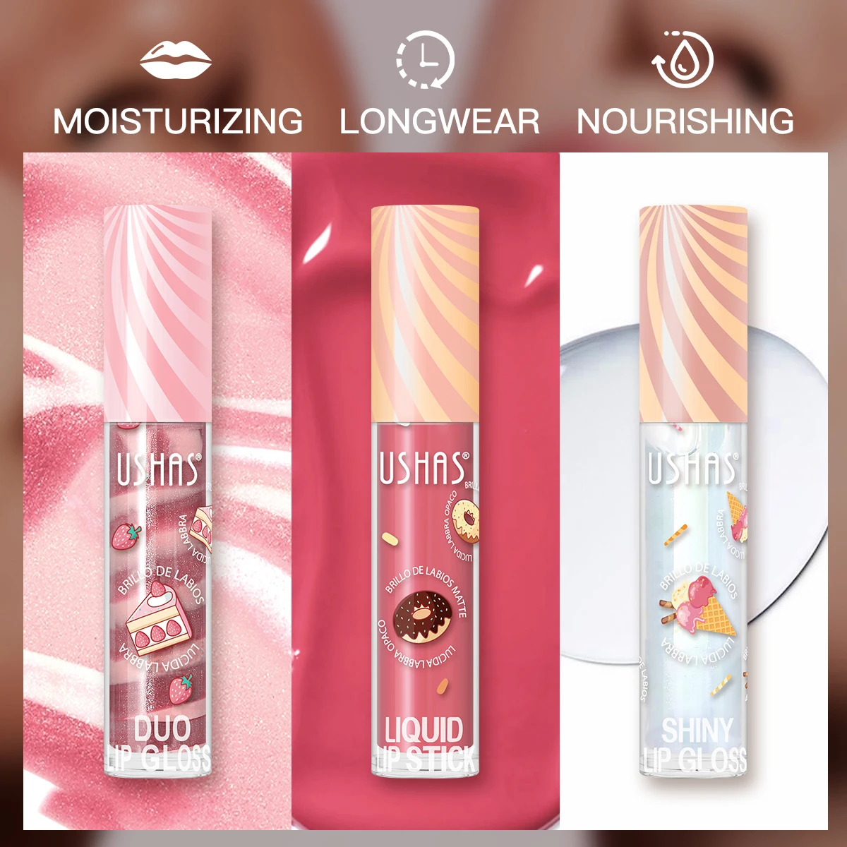 USHAS, conjunto de 3 peças, kit de cor labial - cor labial rotativa + cor labial líquida + cor labial brilhante, protetor labial hidratante anti-rachaduras